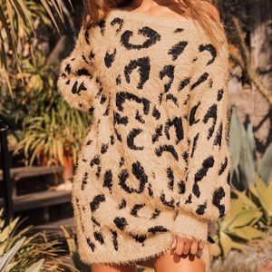 Lulu’s Tan Leopard Print Off-the-Shoulder Sweater Dress